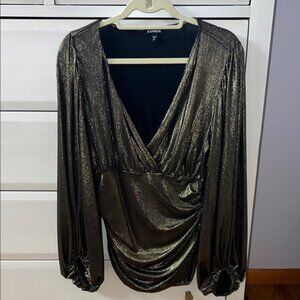 Express Metallic Gold and Black V-Neck Blouse